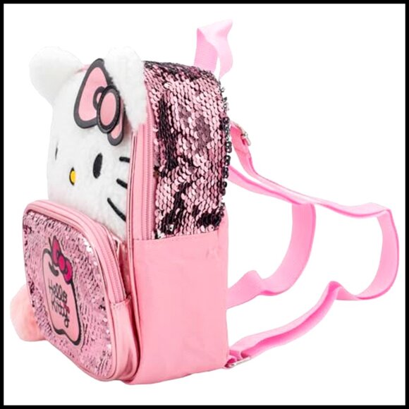 Hello Kitty Sherpa Sequin Mini Backpack with 3D Ears & Pompom Dangle - Picture 3 of 7